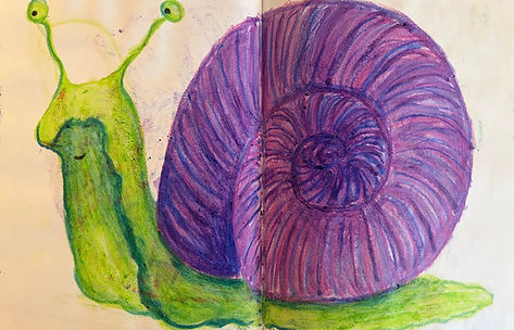 Original water soluble crayon sketch of a green snail with a purple shell
