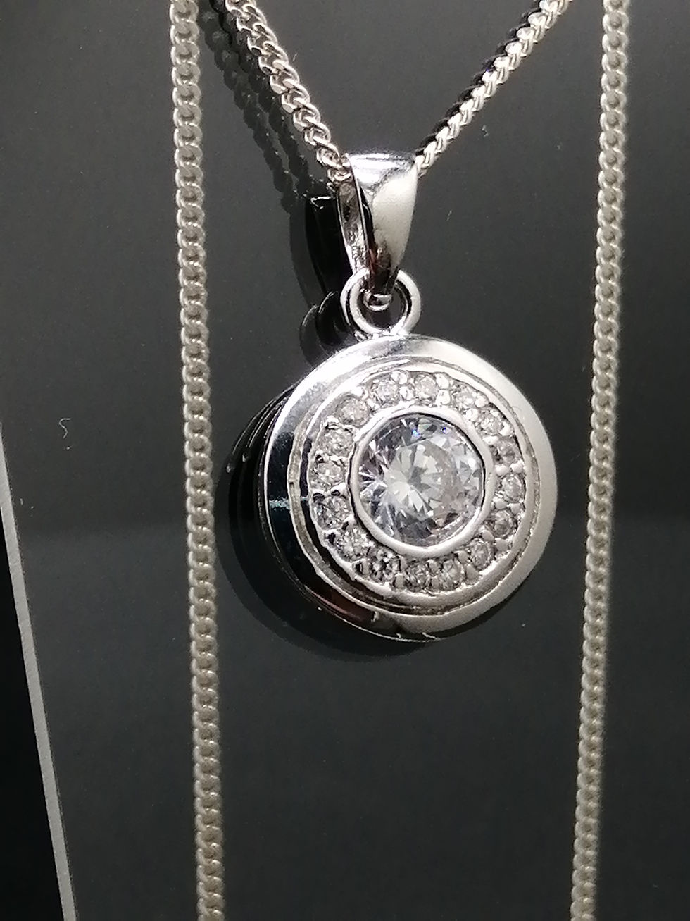 Thumbnail: 925 Silver CZ Halo Pendant & Curb Chain