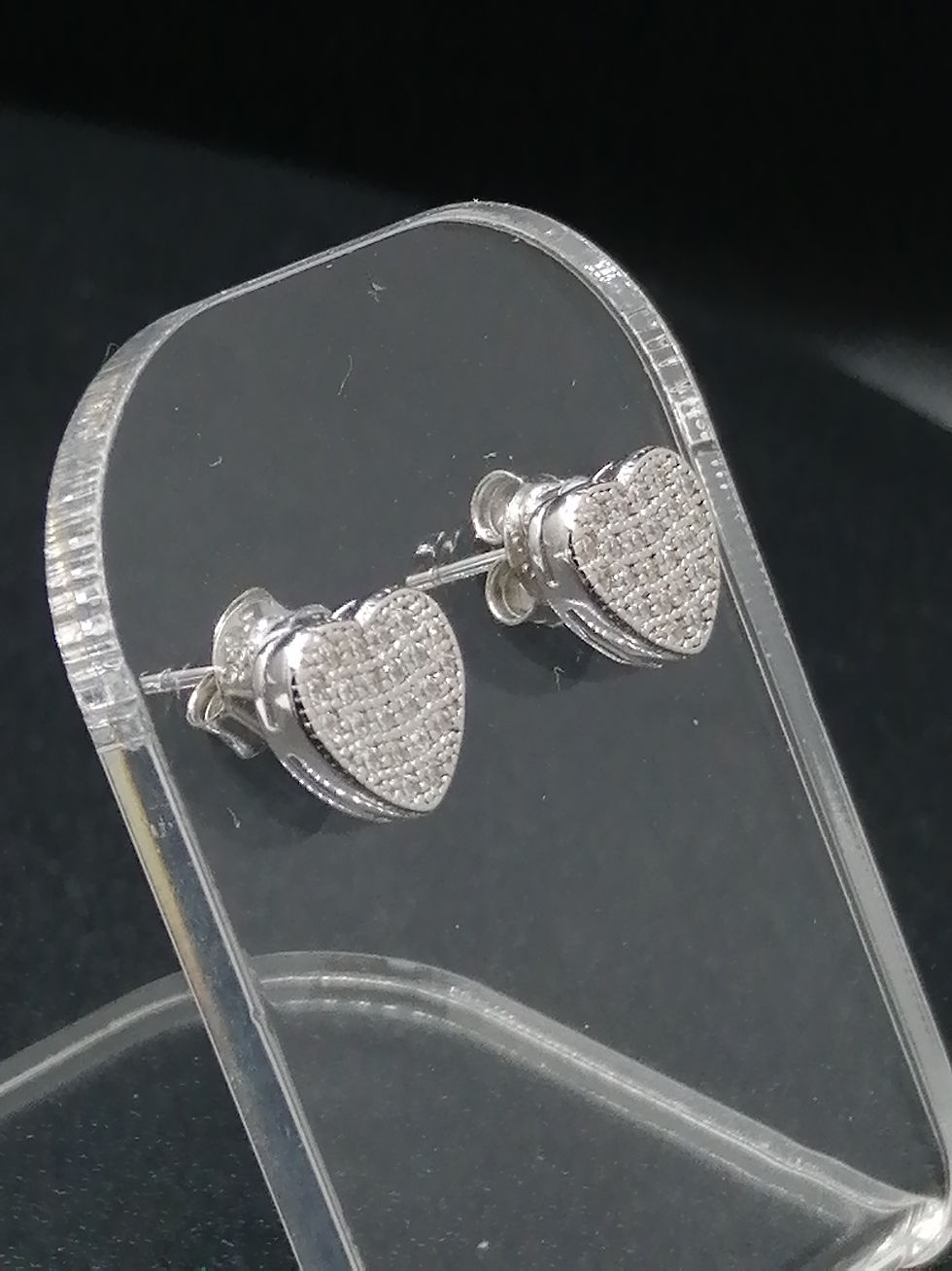 Thumbnail: 925 Silver CZ Iced Flat Heart Stud Earrings