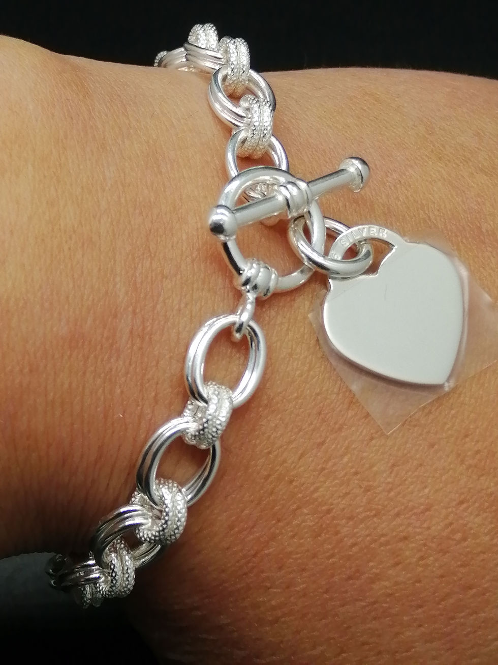 Thumbnail: 925 Silver Double Ovals & Circles Heart T-Bar Bracelet