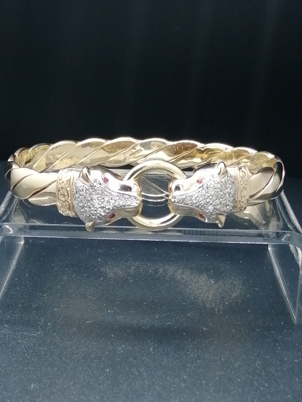 Thumbnail: 9ct Gold Diamond & Ruby Panther Heads Bangle