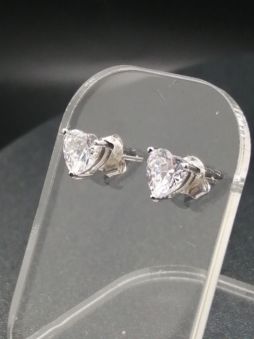 Thumbnail: 925 Silver CZ Heart Stud Earrings