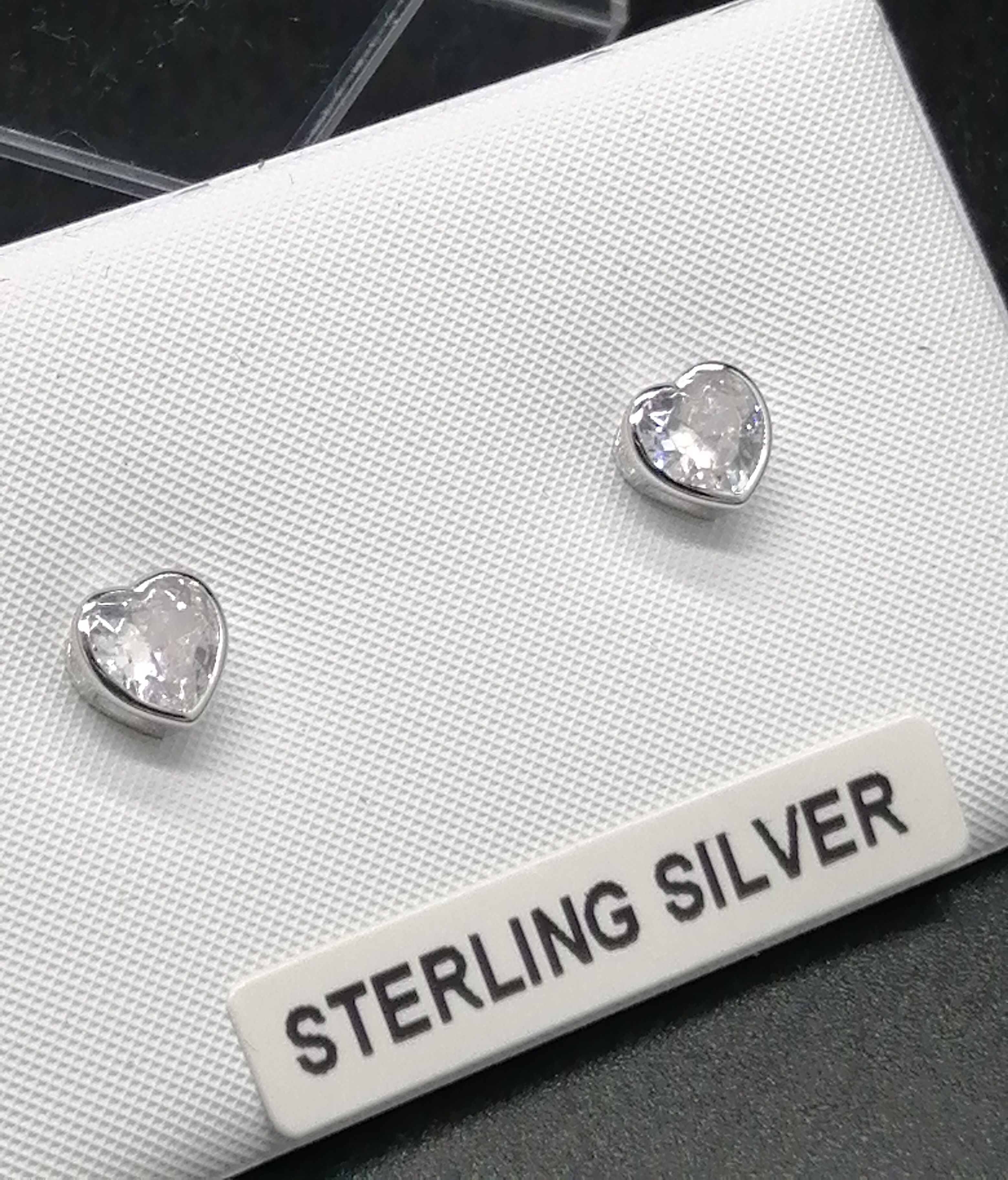 925 Silver CZ Rub Over Heart Stud Earrings