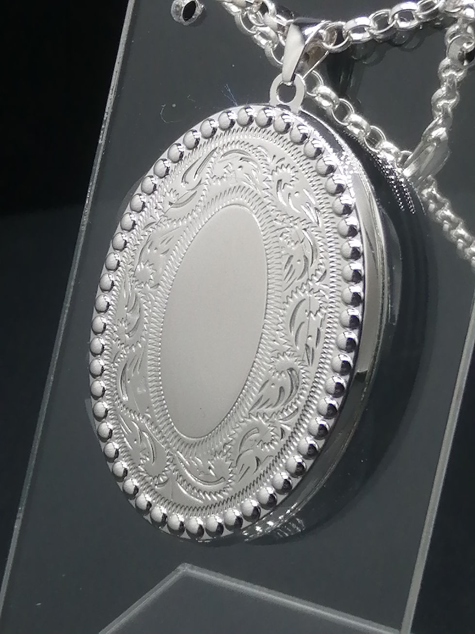 Thumbnail: 925 Silver Floral Engraved Bead Edge Mirror Oval Locket
