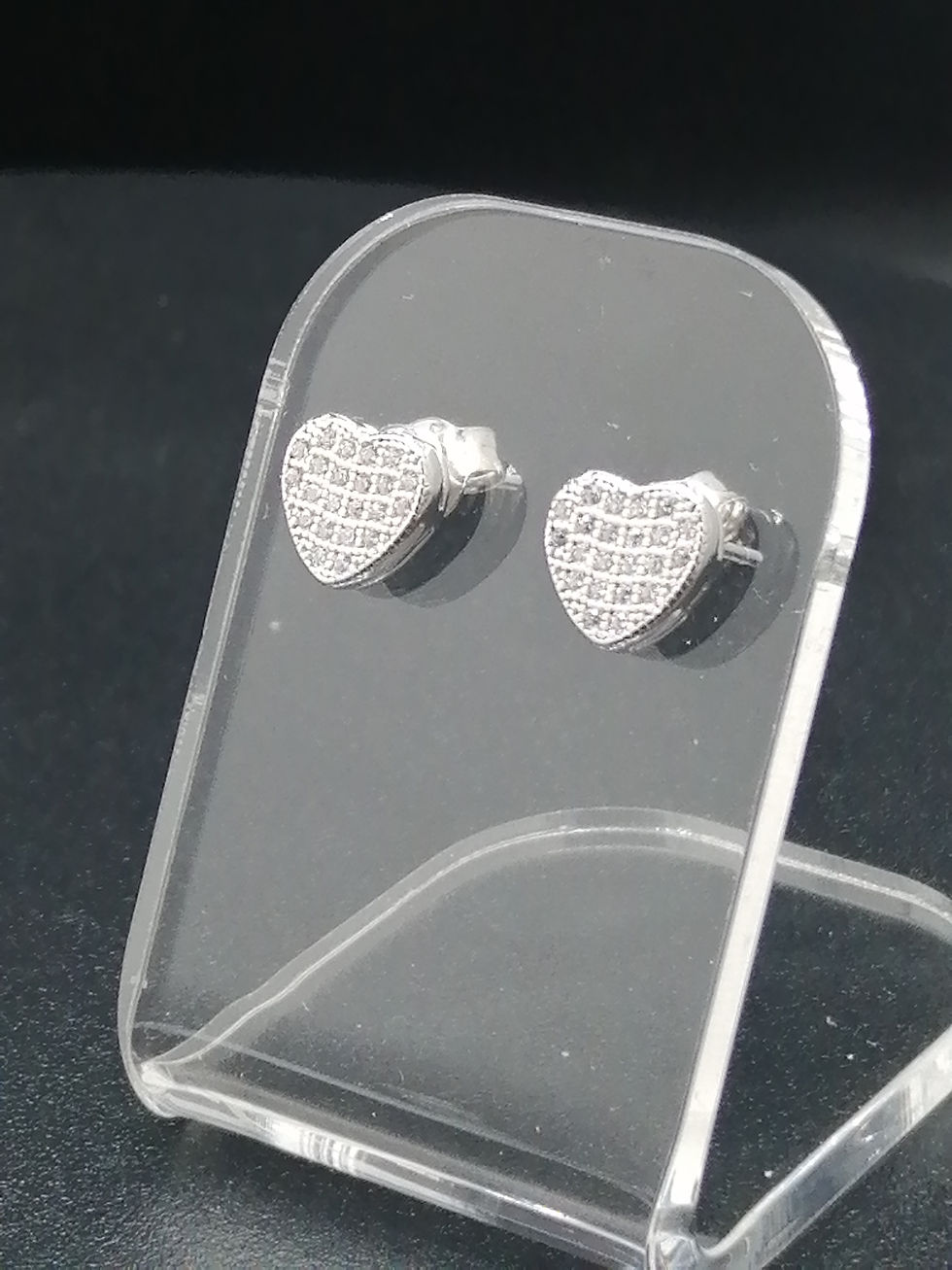 Thumbnail: 925 Silver CZ Iced Flat Heart Stud Earrings