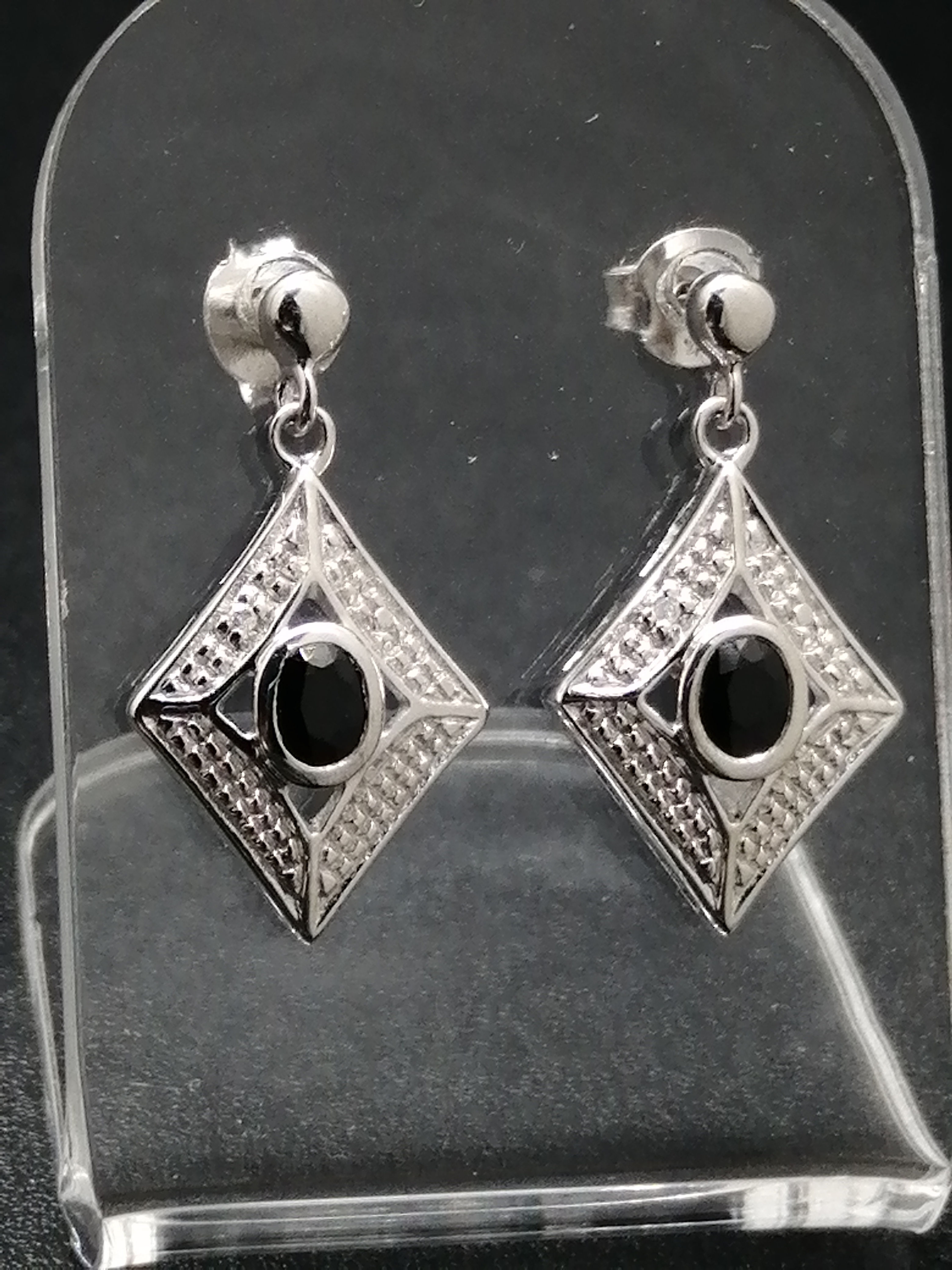 925 Silver Sapphire & Diamond Frame Drop Earrings