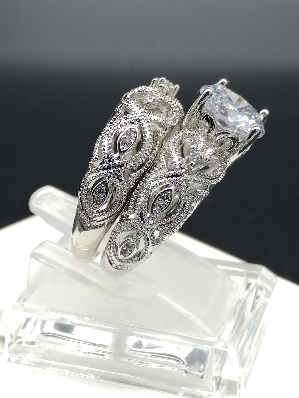 Thumbnail: CZ Heart Filigree Twin Rings
