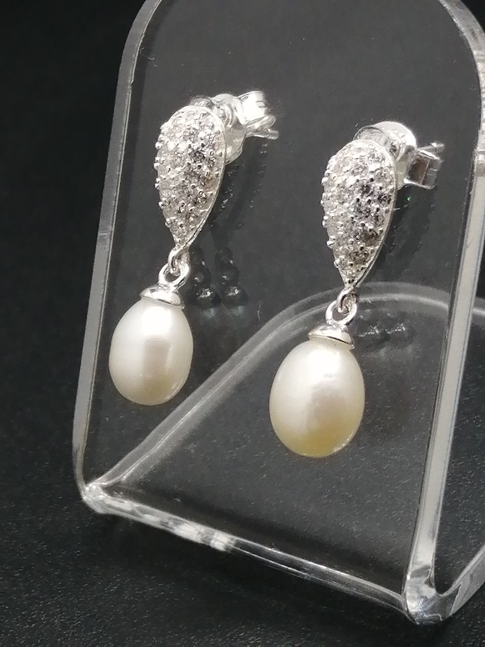 Thumbnail: 925 Silver Pearl & CZ Droplet Earrings