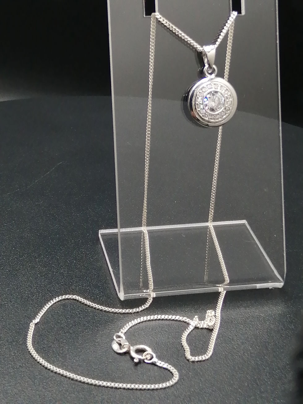 Thumbnail: 925 Silver CZ Halo Pendant & Curb Chain