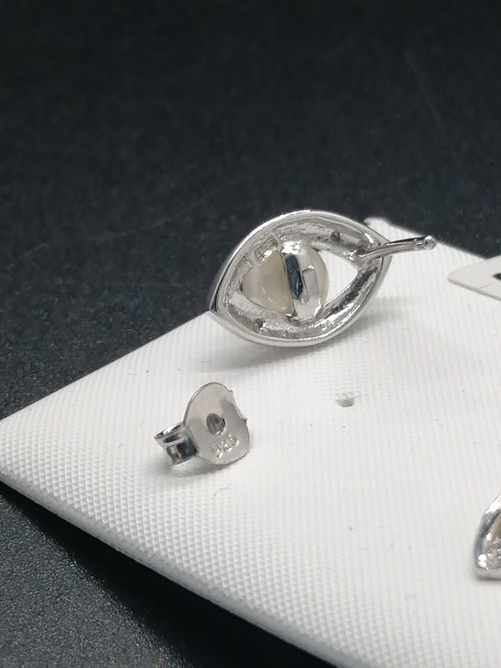 Thumbnail: 925 Silver Diamond & Pearl Bead Marquise Stud Earrings