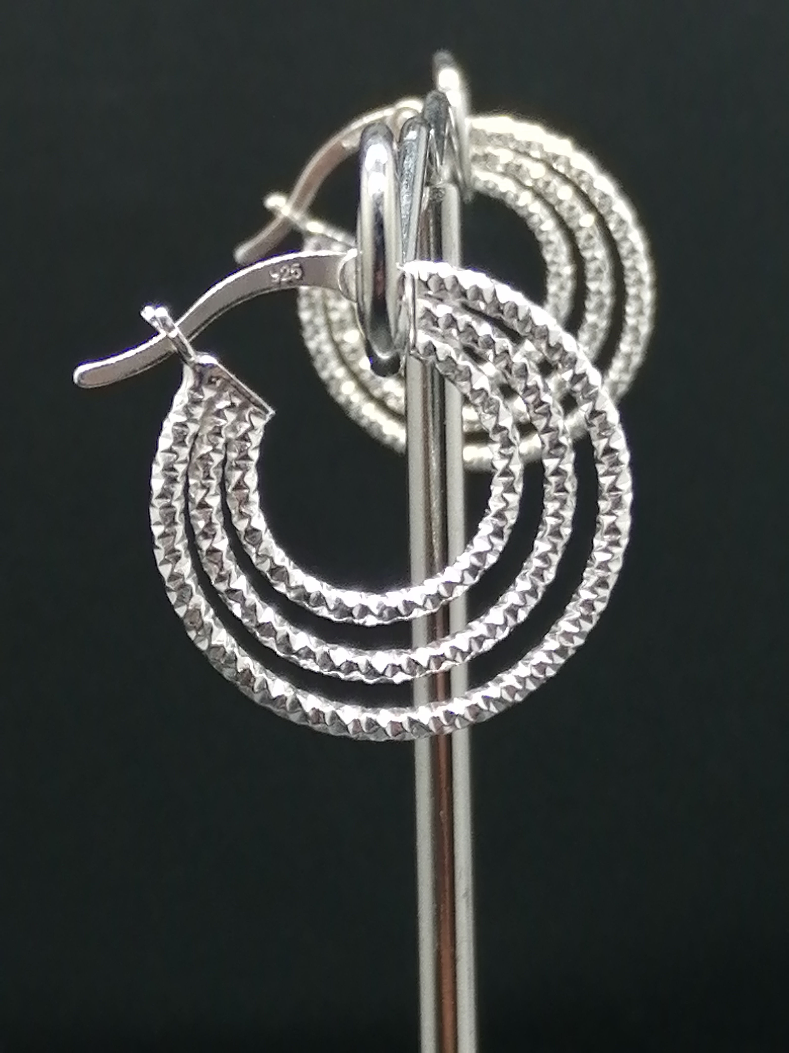 925 Silver Hammered Triple Hoop Earrings