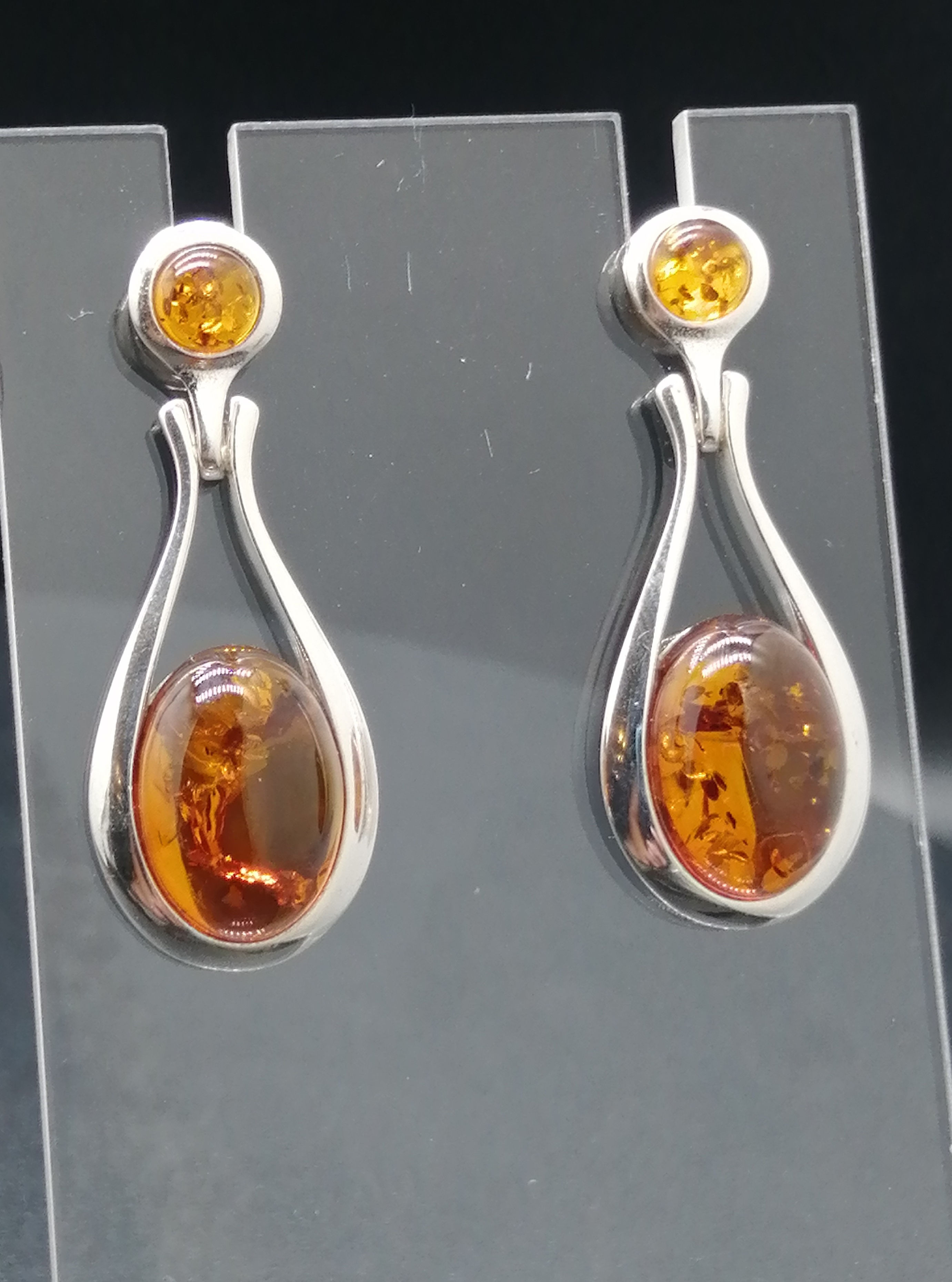 925 Silver Round & Oval Amber Droplet Earrings
