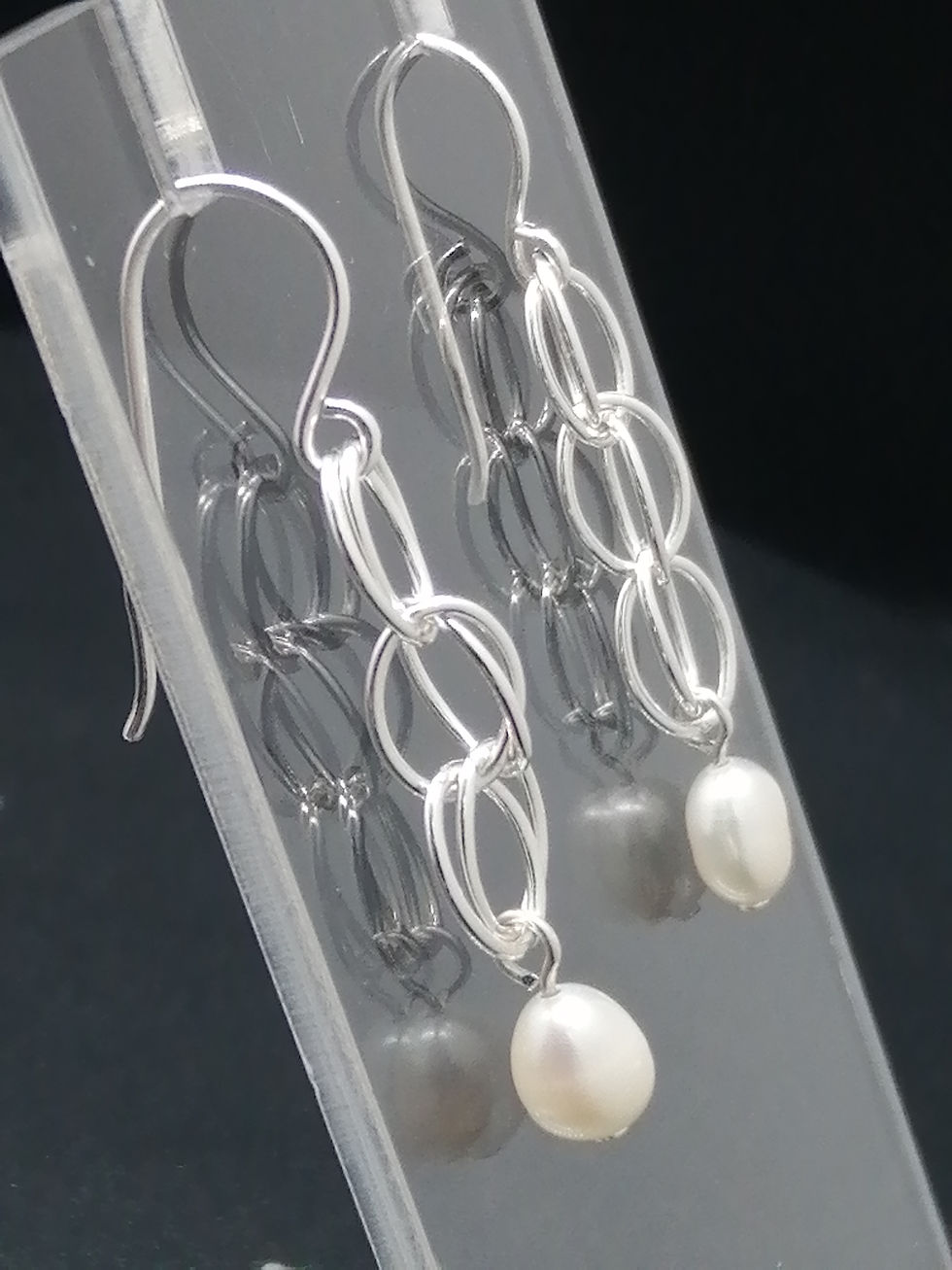 Thumbnail: 925 Silver Pearl Ovals Chain Drop Earrings