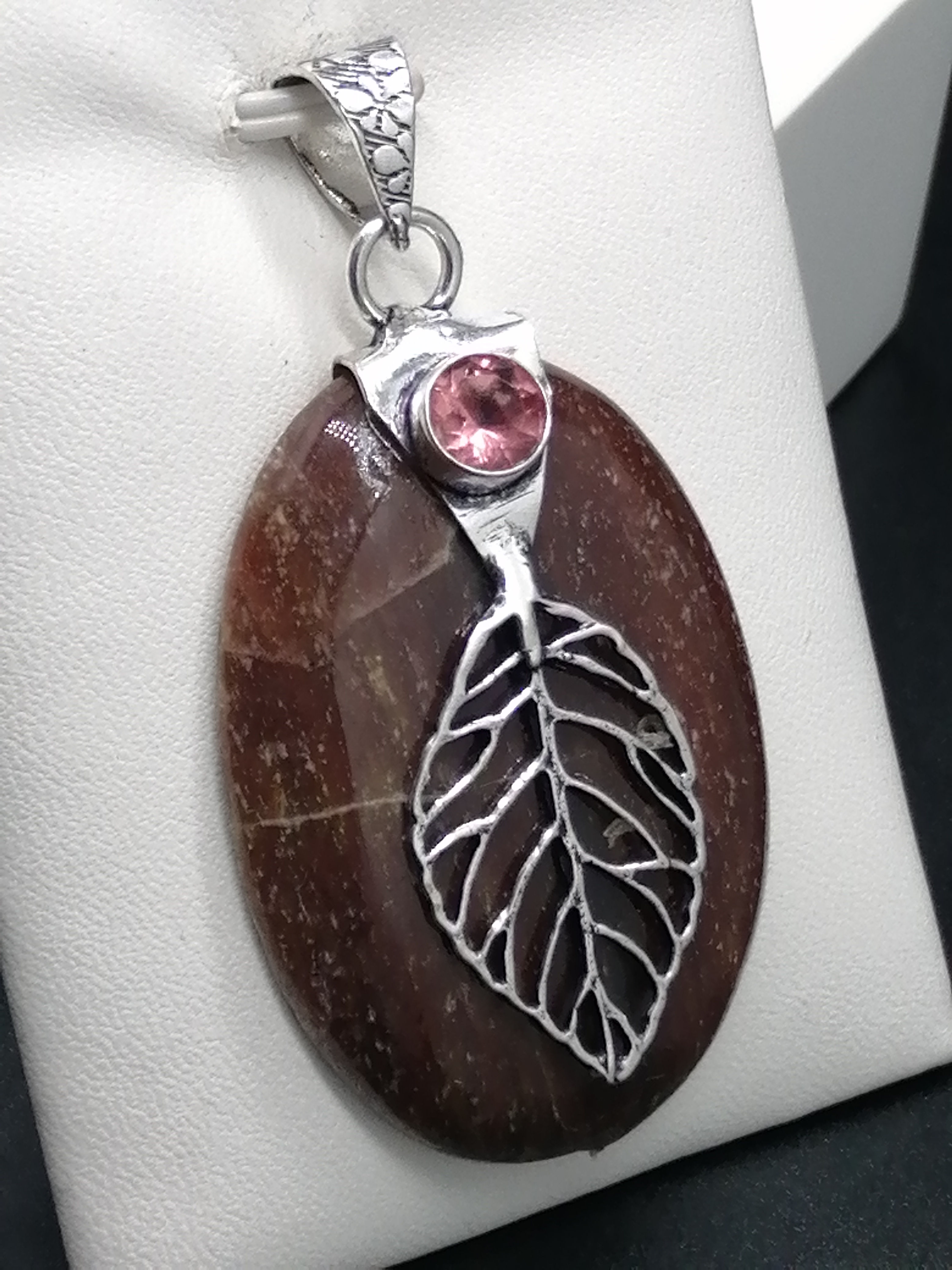 Silver Mocha Agate & Pink CZ Leaf Pendant