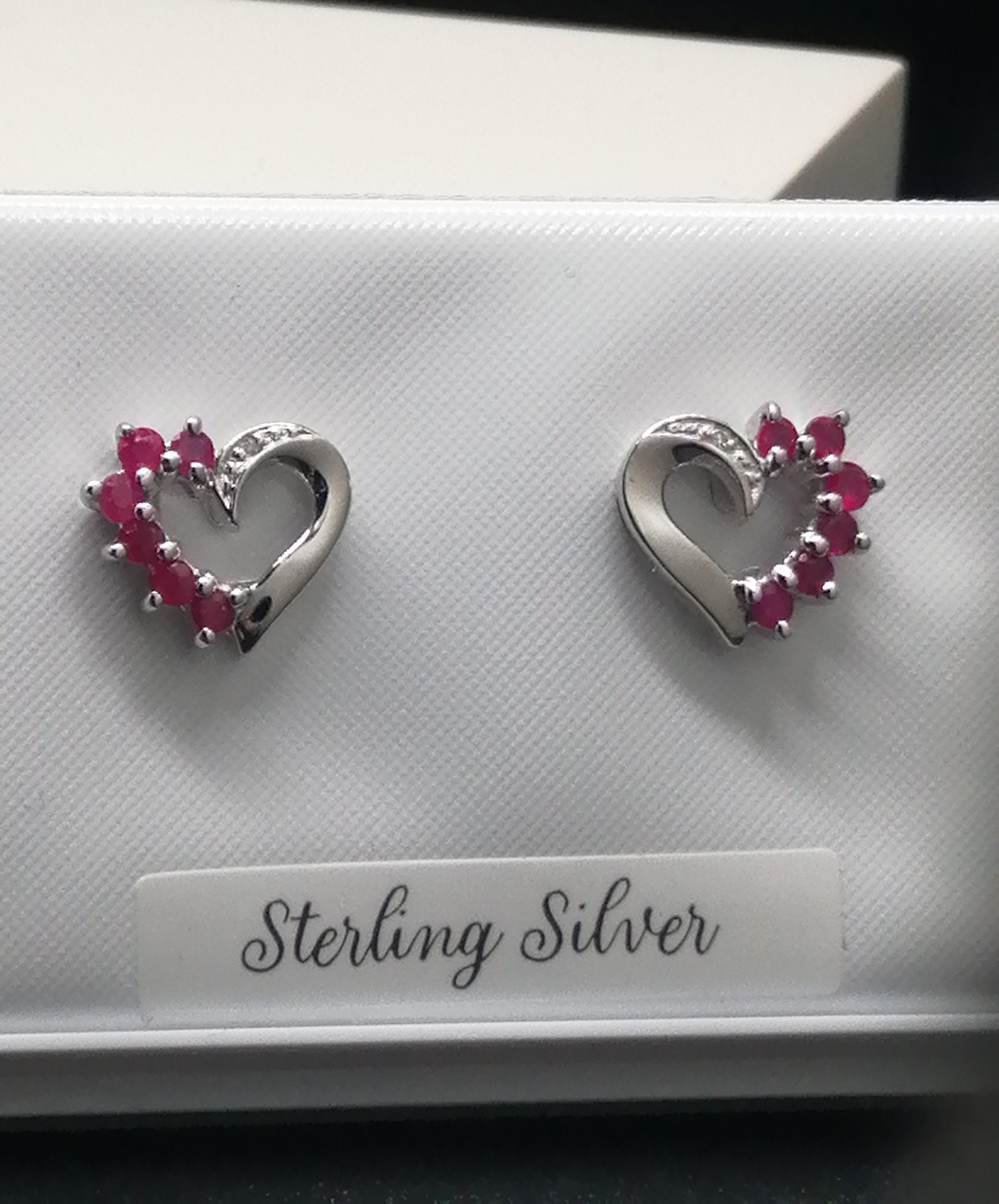 925 Silver Ruby & Diamond Heart Stud Earrings