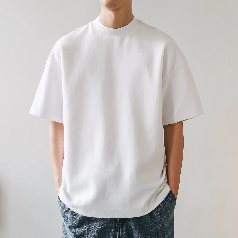 Men's Turtleneck T-shirt Short-sleeved Solid Color Trend Loose Oversized