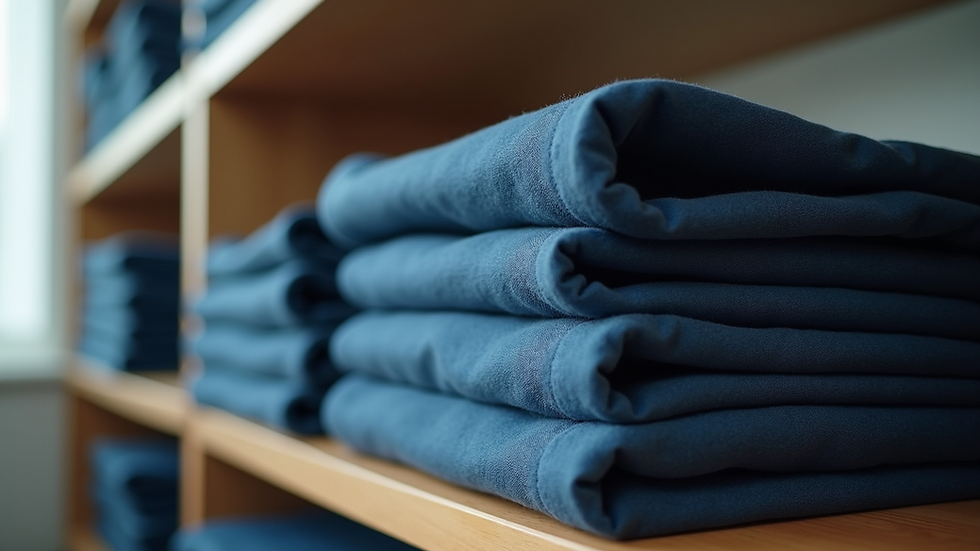 Close-up view of neatly folded school uniforms on a shelf