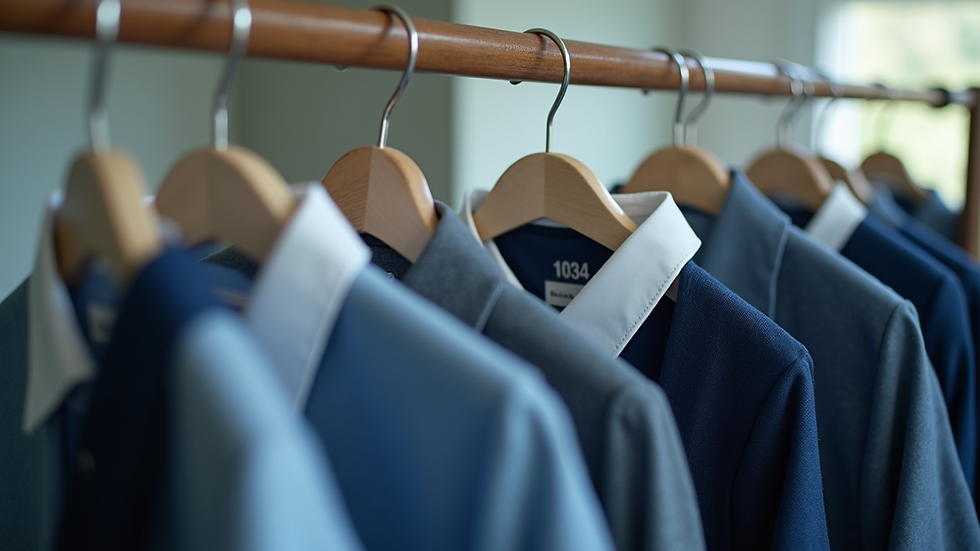 Eye-level view of neatly arranged school uniforms on hangers