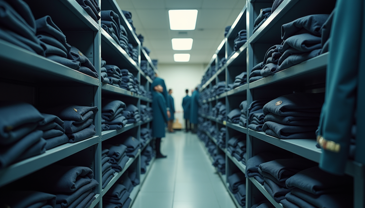 Eye-level view of neatly stacked school uniforms in various sizes on shelves