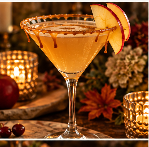 Autumn cocktail in a martini glass with caramel rim and apple slices, lit by warm candles and fall decor in the background
