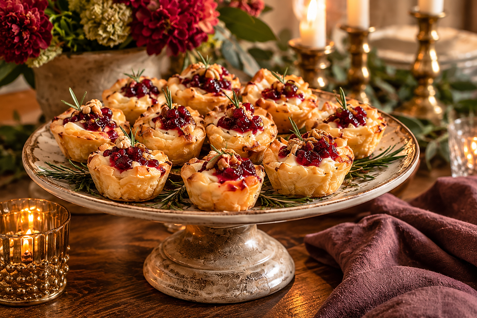Festive tartlets topped with cranberries and rosemary on a pedestal plate, surrounded by candles and flowers in a warm holiday setting