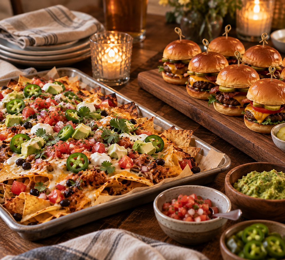 Loaded nachos and mini burgers on a cozy candlelit table, with guacamole, salsa, and jalapeños.