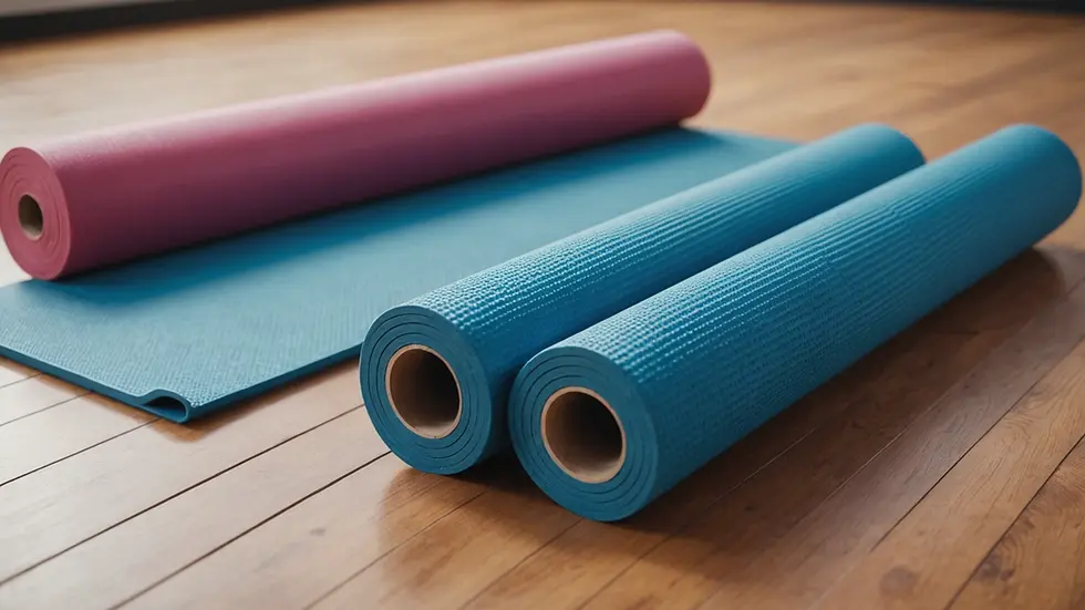 Eye-level view of a yoga mat with two foam rollers positioned on it
