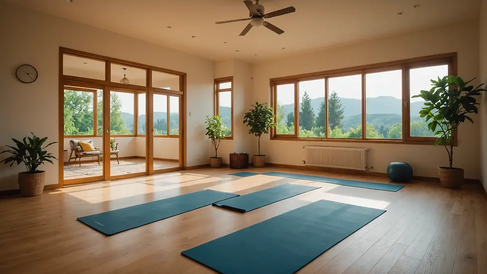 Wide angle view of a peaceful home yoga space with calm lighting
