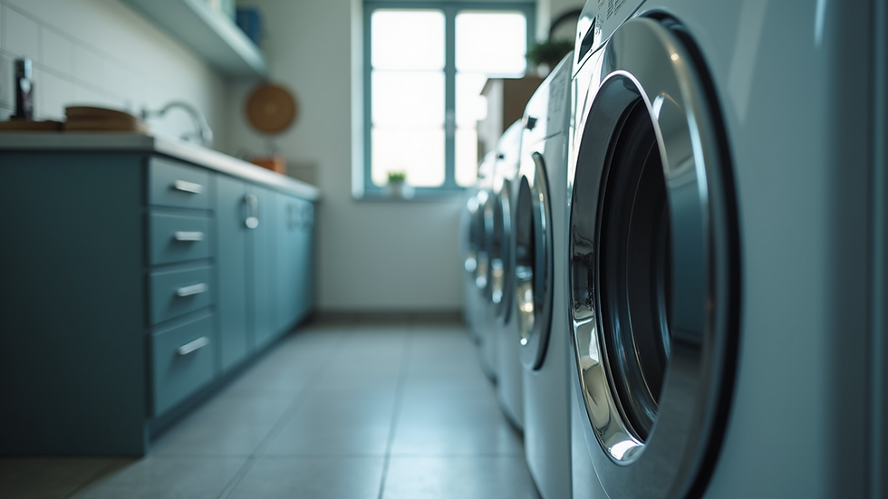 Eye-level view of a modern washing machine in a laundry room
