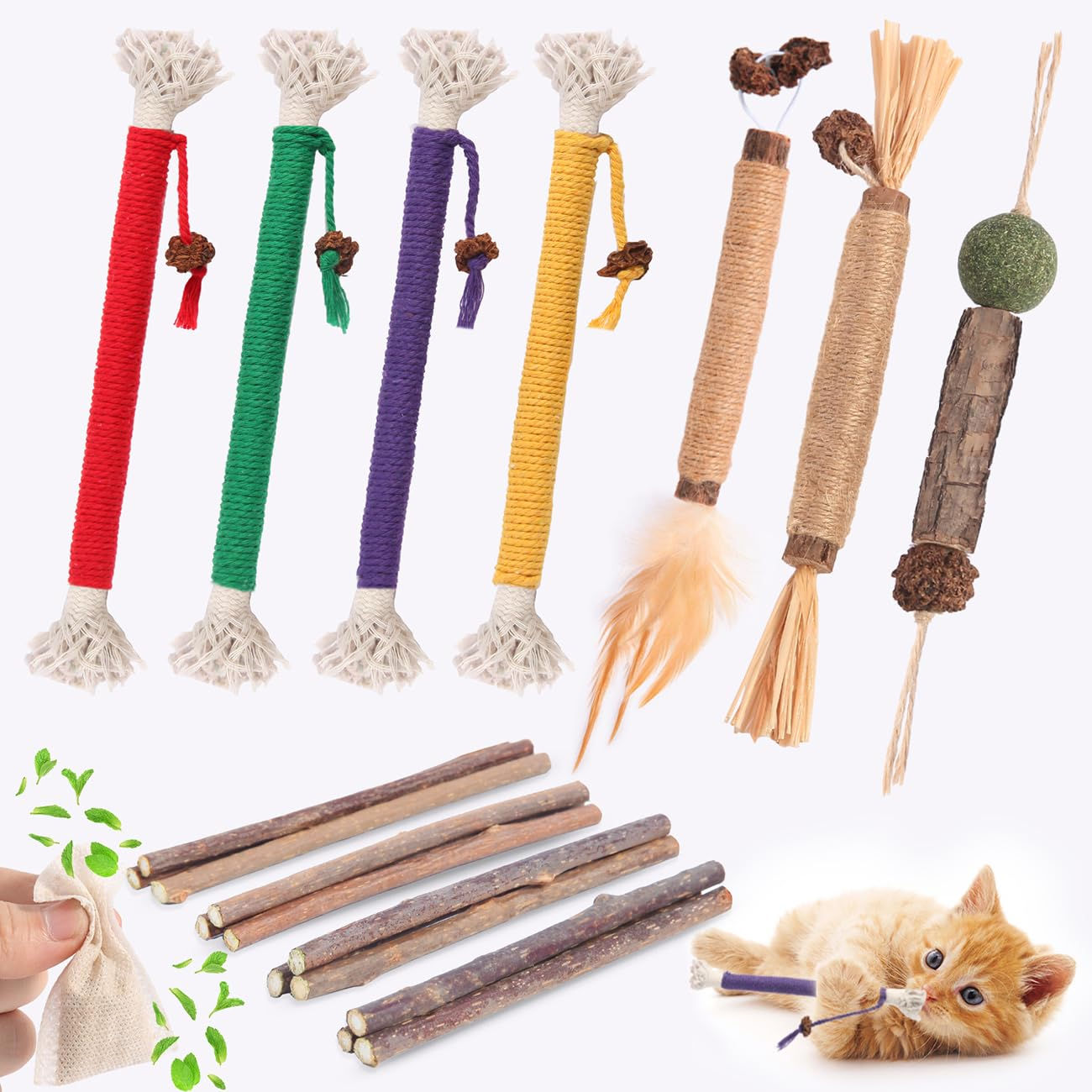 Cat Toys Cat Chew Toys Silvervine Sticks Catnip Rope Toys for Cats Teeth Cleanin