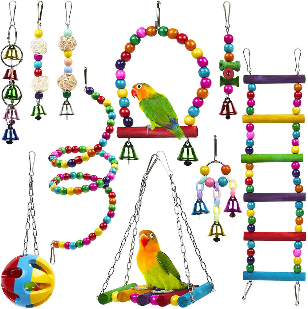 Parrot Combination Toy 10-Piece Set Wooden Bead Rotating Ladder Swing Stand Wood