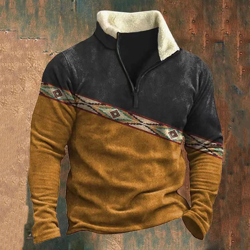 Men's half-zip sweatshirt, gray and brown with geometric pattern