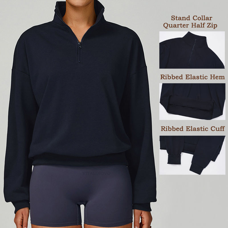 Thumbnail: Quarter zip pullover sweater with stand collar, ribbed hem and cuffs