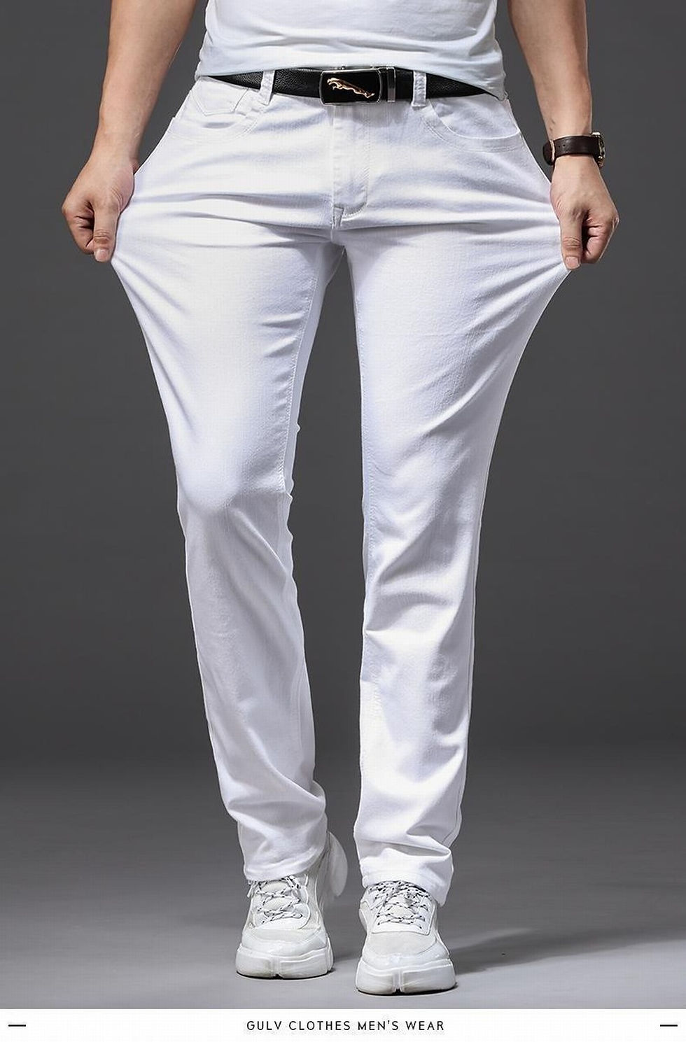 Thumbnail: Men White Jeans Elasticity Straight Slim Fit Casual Soft Business Classic Brand 