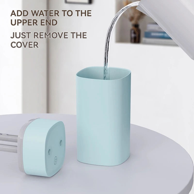 Pouring water into blue container; remove cover, add water instruction