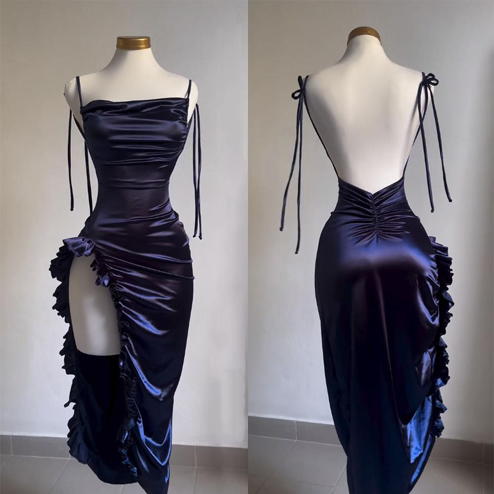 Dark blue strapless bodycon dress with high slit, ruffles, and open back
