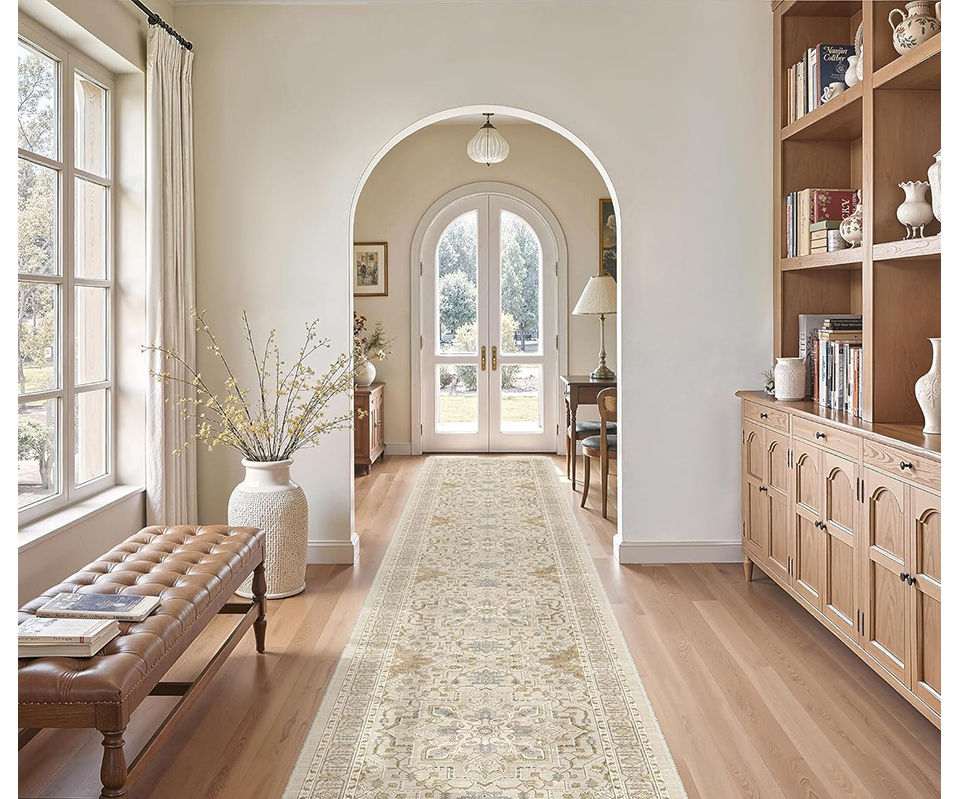 Thumbnail: Hallway with runner rug, arched doorway, bench, bookshelf.