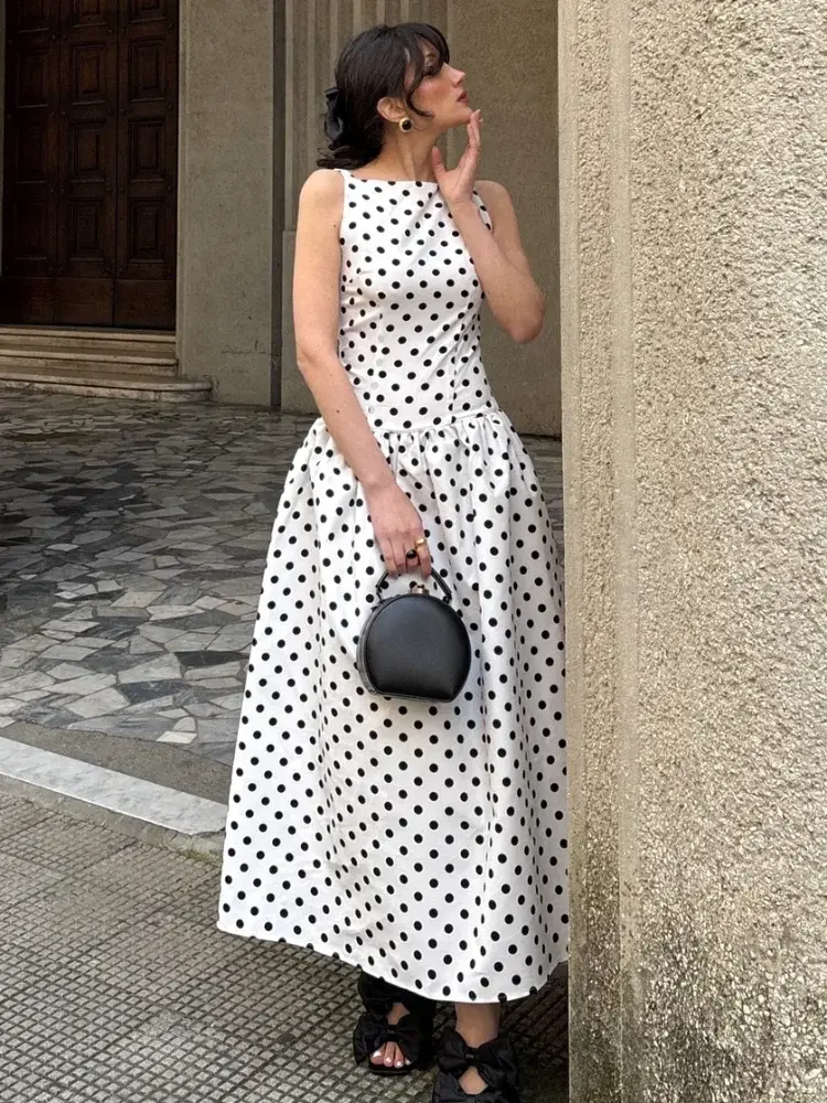 Thumbnail: Elegant Solid Polka Dot Pleated Slim Vestido Women Chic Sleeveless Off Shoulder 