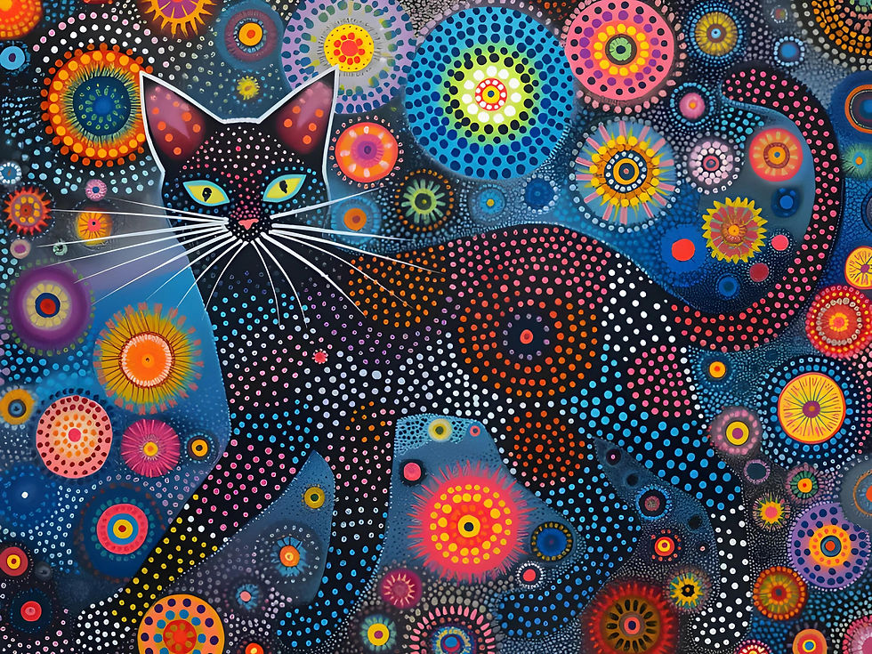 Thumbnail: Colorful dot art painting of a black cat with green eyes