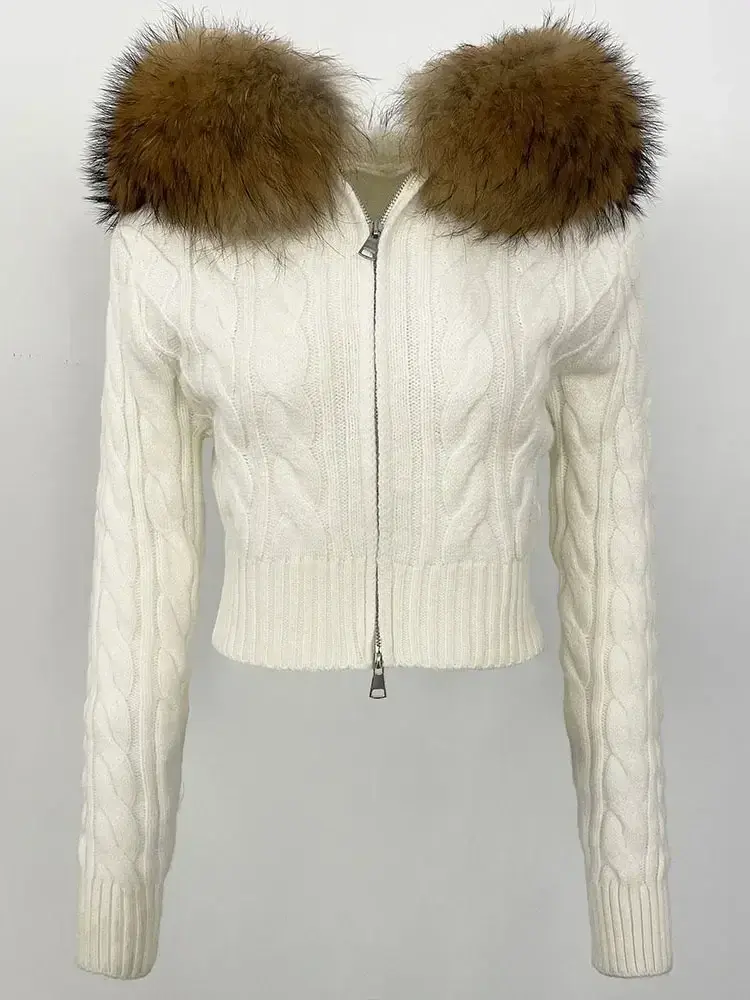 Thumbnail: White cable knit jacket with fur collar