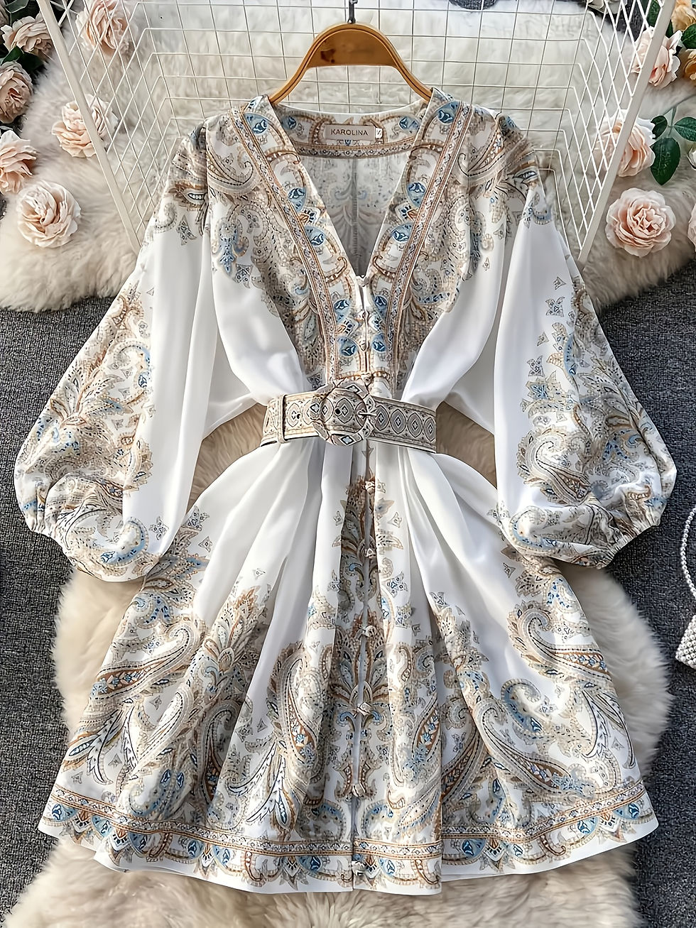 Elegant V-neck paisley print maxi dress with lantern sleeves