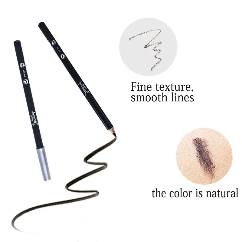 Thumbnail: Two black makeup pencils; swatches show 'Fine texture, smooth lines' & 'the color is natural'.