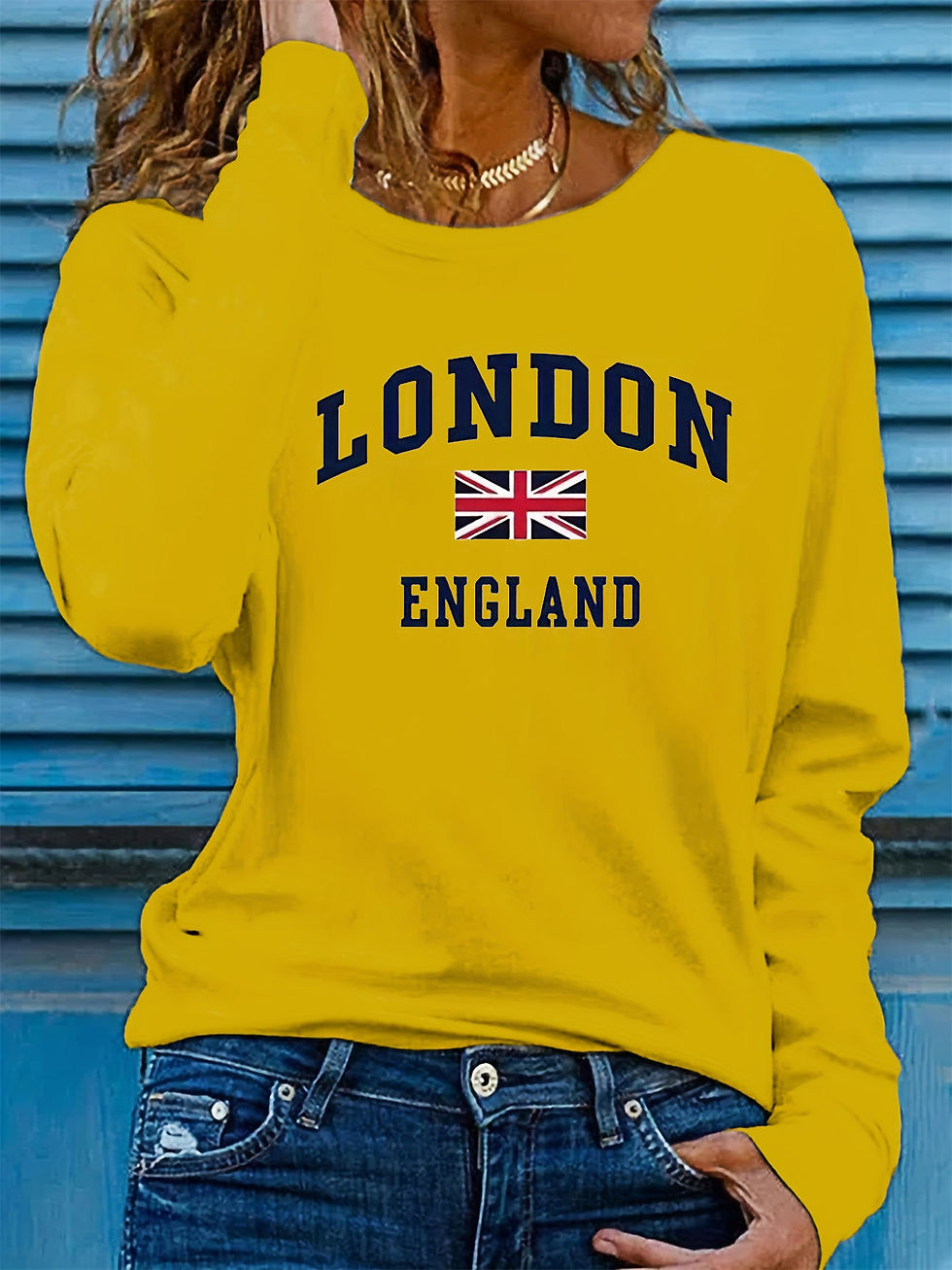 Thumbnail: Yellow long-sleeve shirt with London, England text and Union Jack flag