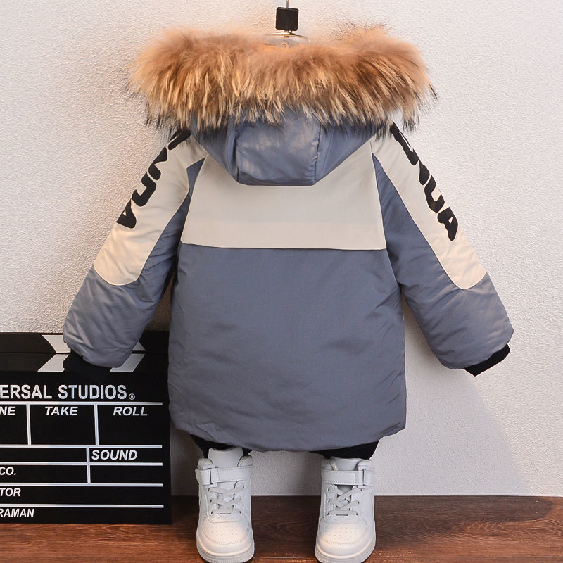 Thumbnail: Child's grey and cream winter coat with fur hood