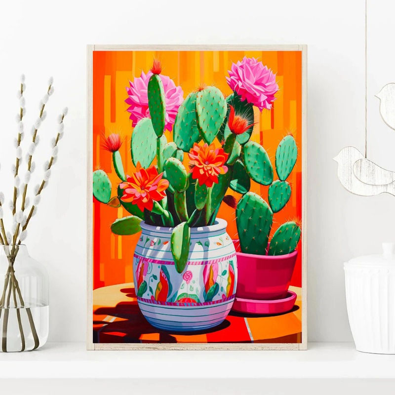 Thumbnail: Vibrant oil painting of cacti in colorful pots, wall art