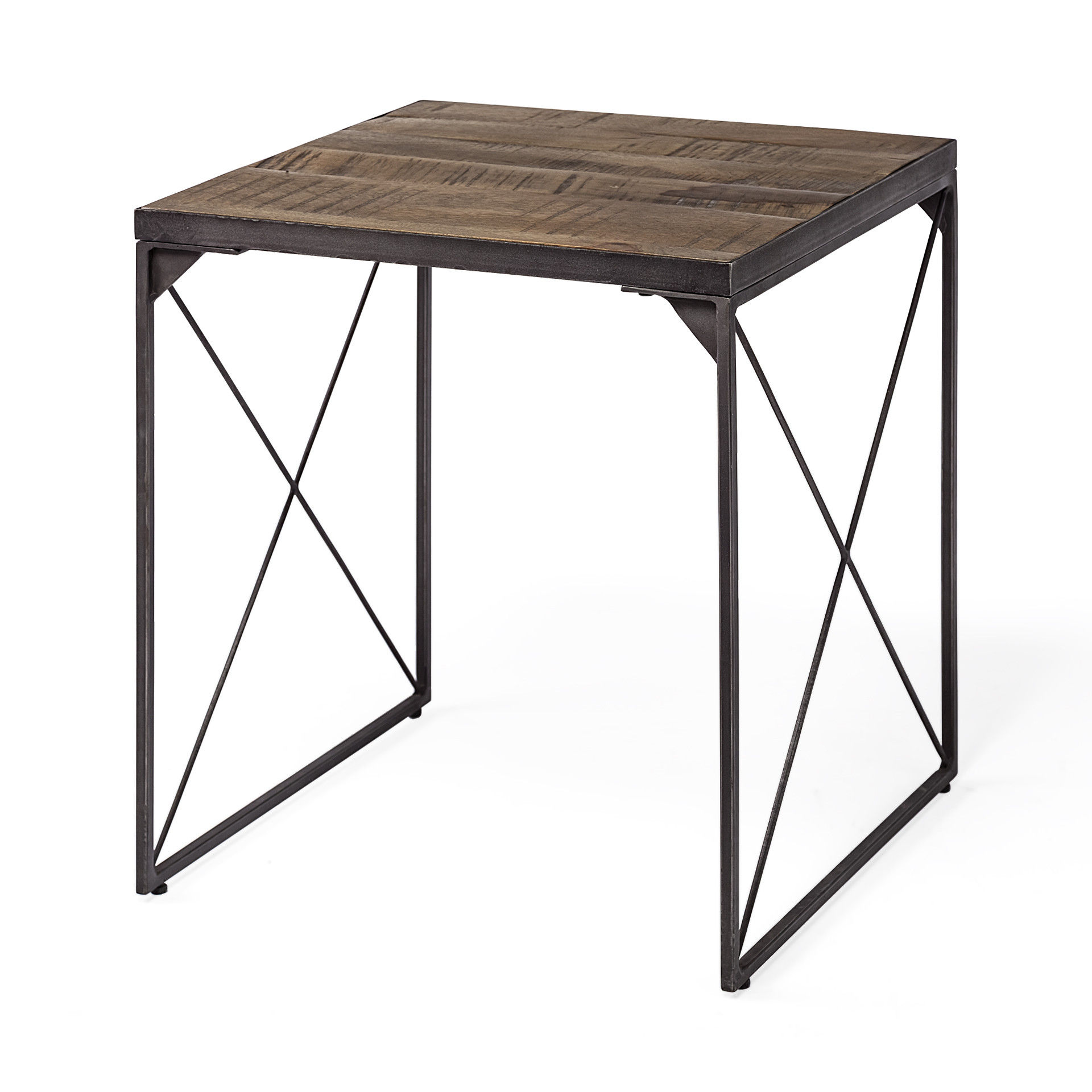 Square table with wooden top and X-frame metal legs