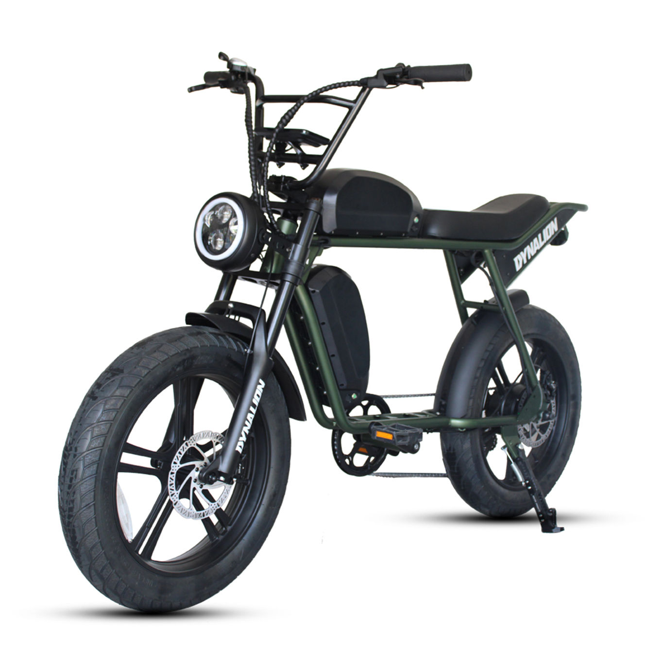 Dark green electric bike with fat tires and headlight