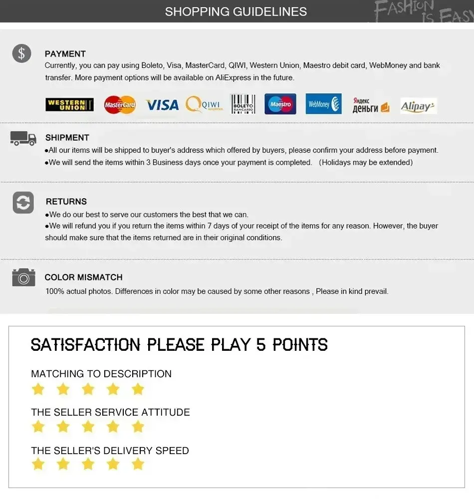 Thumbnail: Payment, shipment, returns, color mismatch policies, and customer satisfaction ratings.