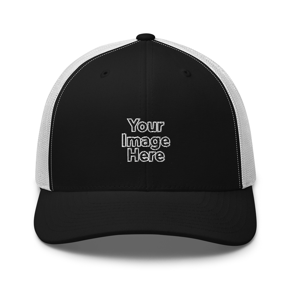 Thumbnail: Black and white trucker hat with 'Your Image Here' text.