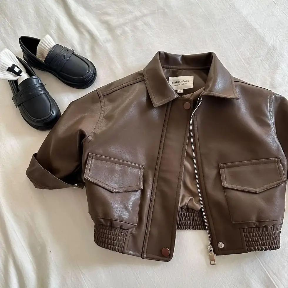 Thumbnail: 2-10Y Baby Boys Girls Zipper Jackets Brown PU Leather Lapel Collar Coats Korean 